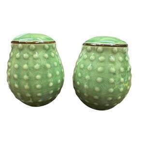 Sage Avocado Fern Cactus Green Hobnail Ceramic Glazed Crazing Salt & Pepper 3.5"